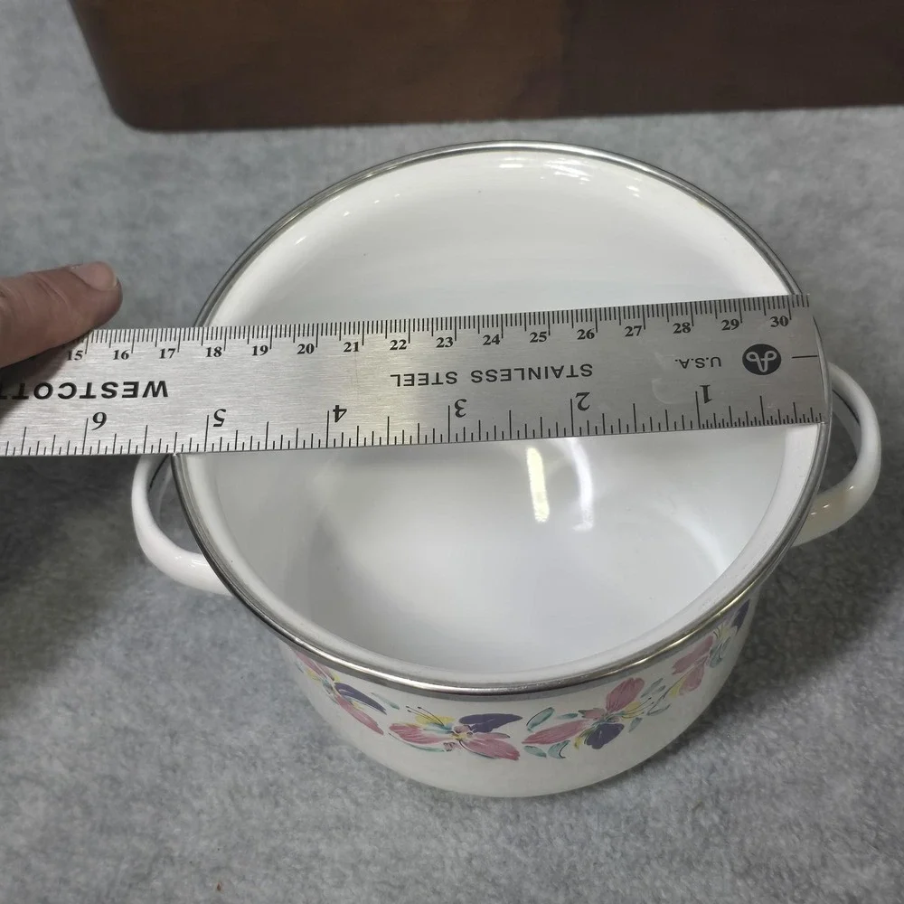 Vintage Enamelware Pots Set of 2 Floral Pink Purple White Lids Indonesia 80s